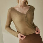 Women’s Camel Cropped Button Yoga Top - Image 2